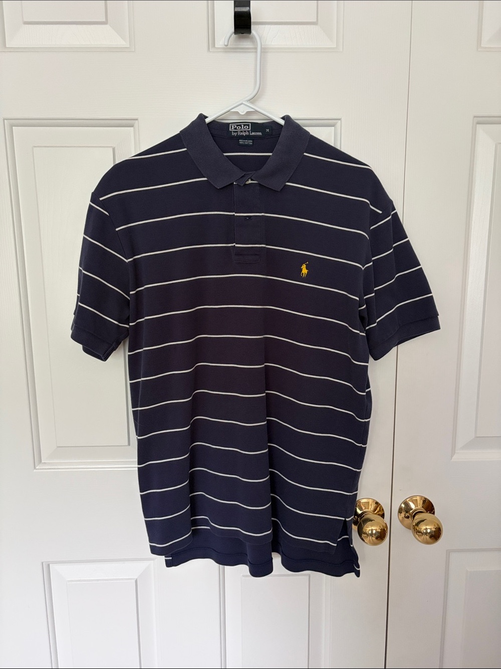 Polo by Ralph Lauren Navy and White Striped Cotton Polo with Yellow Pony